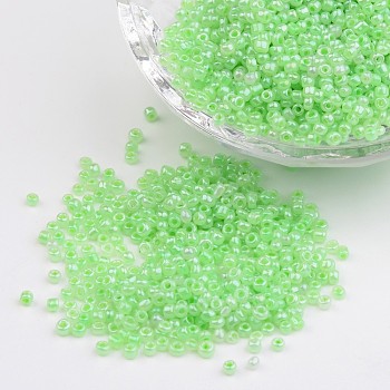 12/0 Ceylon Round Glass Seed Beads, Pale Green, Size: about 2mm in diameter, hole:1mm, about 3303pcs/50g