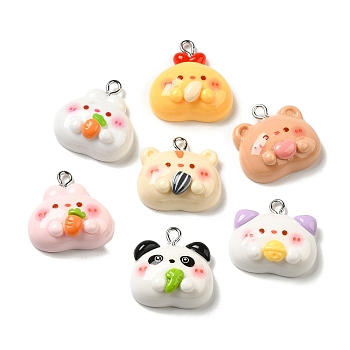 Opaque Resin Pendants, Animal Heads Charms with Platinum Plated Iron Loops, Mixed Color, 21~25x21~22x8mm, Hole: 2.5mm