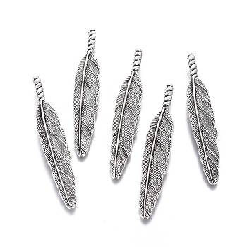 Tibetan Style Alloy Big Feather Pendants, Cadmium Free & Nickel Free & Lead Free, Antique Silver, 80x14x7mm, Hole: 6x3mm, 151pcs/1000g