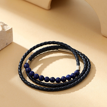 Round Natural Lapis Lazuli Braided PU Leather Cord Wrap Bracelets for Women Men