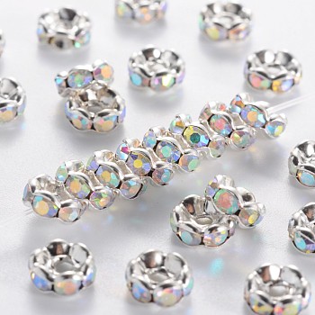 Brass Rhinestone Spacer Beads, Beads, Grade A, Clear AB, with AB Color Rhinestone, Silver Color Plated, Nickel Free, Size: about 6mm in diameter, 3mm thick, hole: 1mm