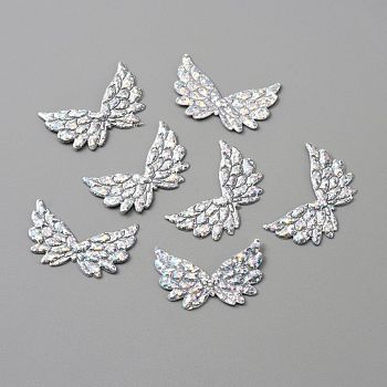 Non-Woven Fabric Ornament Accessories, Iridescent Embossed Angel Wing, Silver, 22x35x0.7mm