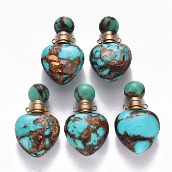 Heart Assembled Natural Bronzite and Synthetic Turquoise Openable Perfume Bottle Pendants, with Brass Findings, Dyed, Golden, Capacity: 1ml(0.03 fl. oz), 37.5~38.5x22x13mm, Hole: 1.8mm