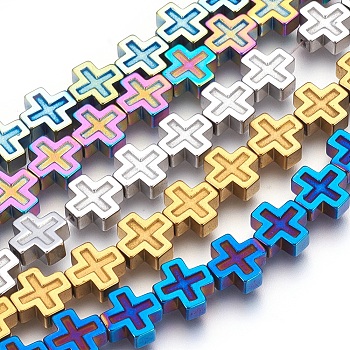 Electroplated Non-magnetic Synthetic Hematite Beads Strands, Polish, Cross, Mixed Color, 10x10x4mm, Hole: 1mm, about 40pcs/strand, 15.94 inch(40.5cm)