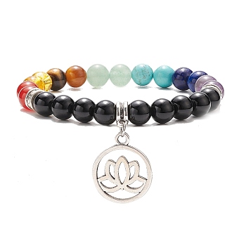 Natural Black Agate & Mixed Gemstone Stretch Bracelet with Alloy Lotus Charms, Chakra Jewelry for Women, Inner Diameter: 2-1/8 inch(5.5cm)