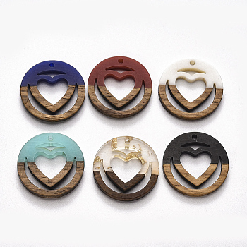 Resin & Walnut Wood Pendants, Ring with Heart, Mixed Color, 25x3mm, Hole: 1.8mm
