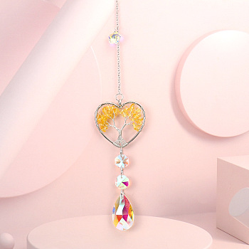 Wire Wrapped Natural Yellow Quartz Heart with Tree of Life Pendant Decorations, Glass Teardrop Tassel Suncatchers for Window Hanging Ornaments, 375mm