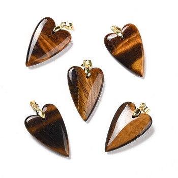 Natural Tiger Eye Pendants, with Rack Plating Golden Plated Brass Findings, Long-Lasting Plated, Heart, 32~34x20x8mm, Hole: 4x4mm