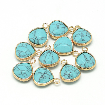 Synthetic Turquoise Pendants, with Nickel Free Brass Findings, Faceted, Dyed, teardrop, Golden, Turquoise, 17.5x13.5x6.5mm, Hole: 2mm