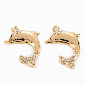 Brass Micro Pave Clear Cubic Zirconia Pendants, Nickel Free, Whale, Real 18K Gold Plated, 20x14x2.5mm, Hole: 1.4mm