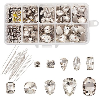 Sew on Glass Rhinestone, with Brass Prong Settings, Garments Accessoriess, with Iron Sewing Needles, Mixed Shapes, Platinum, Clear, 180pcs/box