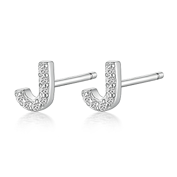 Rhodium Plated 925 Sterling Silver Initial Letter Stud Earrings, with Cubic Zirconia, Platinum, Letter J, 5x5mm