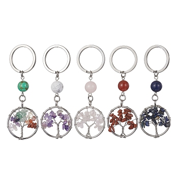 Natural & Synthetic Mixed Stone Chips Flat Round with Tree of Life Kcychain, with 304 Stainless Steel Findings, 8cm