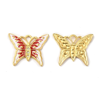 Real 18K Gold Plated 304 Stainless Steel Rhinestone Pendants, with Enamel, Butterfly Charms, Red, 20x24.5x2mm, Hole: 3x2mm