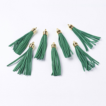 Faux Suede Tassel Big Pendant Decorations, with CCB Plastic Cord Ends, Golden, Sea Green, 84~89x11.5~12mm, Hole: 2.5mm