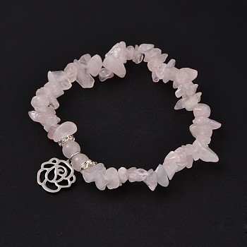 Natural Rose Quartz Beaded Stretch Bracelets, with 304 Stainless Steel Rose Charms, 53mm