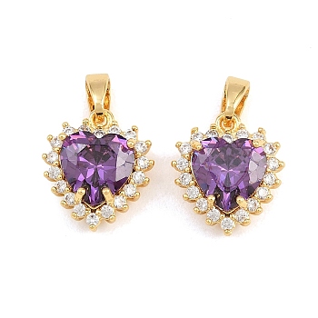 Brass Micro Pave Cubic Zirconia Charms, Heart Charms, Real 18K Gold Plated, Dark Violet, 14x12x7.5mm, Hole: 4x2.5mm