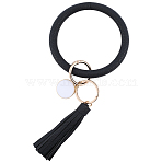 1Pc PU Leather Tassel Wristlet Keychain, with Alloy Findings, Golden, Black, Inner Diameter: 3-1/8 inch(7.95cm)(BJEW-CL0001-30B)