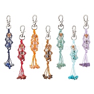 Glass Wishing Bottle inside Chakra Gemstone Chip Pouch Pendant Decorations, Braided Nylon Thread Tassel Hanging Ornaments, 107mm, 7pcs/set(HJEW-JM01910)