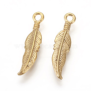 304 Stainless Steel Pendants, Ion Plating (IP), Feather, Golden, 25.5x6x2.5mm, Hole: 2mm(STAS-E446-08G)