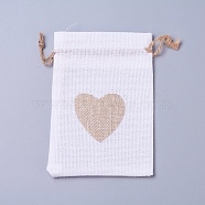 Burlap Packing Pouches, Drawstring Bags, Rectangle with Heart, White, 14.2~14.5x10cm(ABAG-I001-03B)