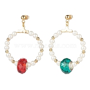 Shell Pearl Beaded Ring Dangle Stud Earrings with Colorful Glass, 304 Stainless Steel Asymmetrical Earrings for Women, Golden, 50mm, Pin: 0.7mm(EJEW-TA00095)