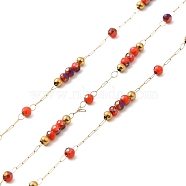 Brass Handmade Beaded Chains, with Glass Beads, with Spool, Unwelded, Real 18K Gold Plated, Orange Red, 9~9.5x2x2mm, about 32.81 Feet(10m)/Roll(CHC-P011-A03-G)