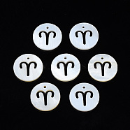 Natural Freshwater Shell Charms, Flat Round with Twelve Constellations, Hollow, Taurus, 12x1.5mm, Hole: 0.9mm(SHEL-N027-10F)