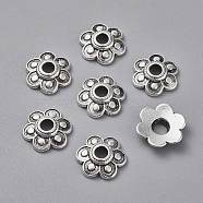 Tibetan Style Alloy Bead Caps, Lead Free, Cadmium Free and Nickel Free, Flower, Antique Silver, about 15mm in diameter, 3mm thick, hole: 4mm(X-LF10362Y-NF)