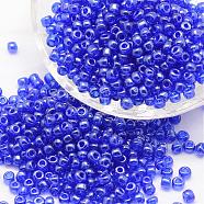 8/0 Glass Seed Beads, Grade A, Round, Transparent Colours Lustered, Blue, 2.8~3.2mm, Hole: 1.0mm, about 15000pcs/pound(SEED-J012-F8-108)