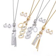 304 Stainless Steel Jewelry Sets, Pendant Necklaces and Stud Earrings, with Polymer Clay Rhinestones and Glass Rhinestones, Golden & Stainless Steel Color, 21.65(55cm), 14x2mm, Pin: 0.8mm(SJEW-H146-04M)