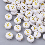 Plating Acrylic Beads, Golden Metal Enlaced, Horizontal Hole, Flat Round with Alphabet, White, Letter.X, 7x3.5mm, Hole: 1.2mm, about 3600pcs/500g(PACR-R242-01X)