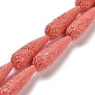 Synthetic Coral Carved Beads Strands, Dyed, Teardrop, Indian Red, 34x10.5mm, Hole: 1.2mm, about 11pcs/strand, 14.65''(37.2cm)(CORA-C003-09A-03)