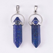 Natural Lapis Lazuli Double Terminated Pointed Pendants, with Brass Findings, Bullet, Platinum, Dyed, 38.5~40.5x14.5x13mm, Hole: 4x8mm(G-P373-B02)