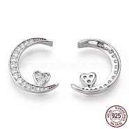 Rhodium Plated 925 Sterling Silver Micro Pave Cubic Zirconia Pendants, Moon with Heart Charms, Nickel Free, Real Platinum Plated, 15.5x12.5x3mm, Hole: 1.2mm(STER-T004-35P)