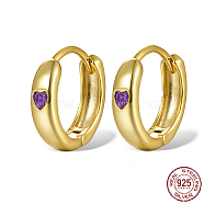 925 Sterling Silver Thick Hoop Earrings for Women, with Micro Pave Cubic Zirconia Heart, Real 18K Gold Plated, Blue Violet, 11x3mm(UT4411-2)