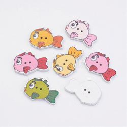Wooden Buttons, 2-Hole, Fish, Mixed Color, 19.5x28x3mm, Hole: 1.5mm(BUTT-K005-30)
