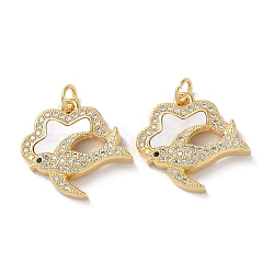 Brass Micro Pave Clear Cubic Zirconia Pendants, with Shell and Jump Ring, Real 18K Gold Plated, Bird, 18.5x20x4mm, Hole: 3mm(KK-B083-33A-G)
