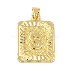 Rack Plating Brass Pendants, Long-Lasting Plated, Lead Free & Cadmium Free, Square with Letter Charms, Letter S, 24x17x2.5mm, Hole: 4x3.5mm(KK-B092-42G-S)