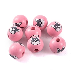 Wood European Beads, Round with Dog Pattern, Pink, 16x15mm, Hole: 4.5mm(WOOD-G021-01B)