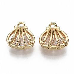 Brass Charms, with Cubic Zirconia, Nickel Free, Real 18K Gold Plated, Shell Shape, Clear, 11x10x5mm, Hole: 1.2mm(KK-N231-178-NF)