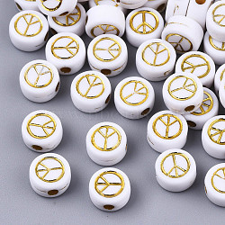Opaque Acrylic Beads, Flat Round with Peace Sign, Golden Plated, White, 7x4mm, Hole: 1.6mm(X-PACR-N006-003B)