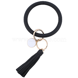 1Pc PU Leather Tassel Wristlet Keychain, with Alloy Findings, Golden, Black, Inner Diameter: 3-1/8 inch(7.95cm)(BJEW-CL0001-30B)