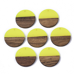 Transparent Resin & Walnut Wood Pendants, Flat Round, Yellow, 28.5x3.5~4mm, Hole: 1.5mm(RESI-S358-02B-H35)