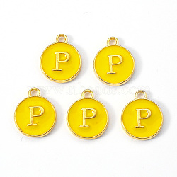 Golden Plated Alloy Enamel Charms, Enamelled Sequins, Flat Round with Letter, Gold, Letter.P, 14x12x2mm, Hole: 1.5mm(ENAM-S118-09P)