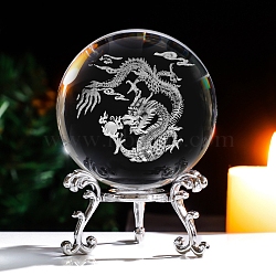 Inner Carving 12 Chinese Zodiac Signs Glass Crystal Ball Diaplay Decoration with Metal Holder, 3D Figurines Gift for Home Office Desktop Decor, Dragon, 60mm(PW-WG32D61-10)