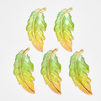 Transparent Acrylic Big Pendants, with Plated Bottom, Leaf, Lime, 61.5x27x4mm, Hole: 1.2mm