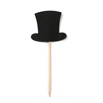 Paper Hat Cake Insert Card Decoration, with Bamboo Stick, for Birthday Cake Decoration, Black, 124mm, 6pcs/Set