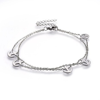 304 Stainless Steel Multi-strand Bracelets, with Lobster Claw Clasps and Cable Chains, Anchor, Stainless Steel Color, 7-1/2 inch(19cm)