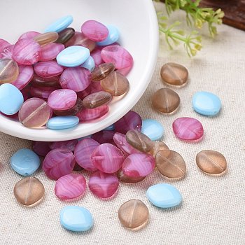 Transparent & Opaque Czech Glass Beads, Frosted, Oval, Mixed Color, 13.5~14x12x4mm, Hole: 1mm, about 120pcs/bag